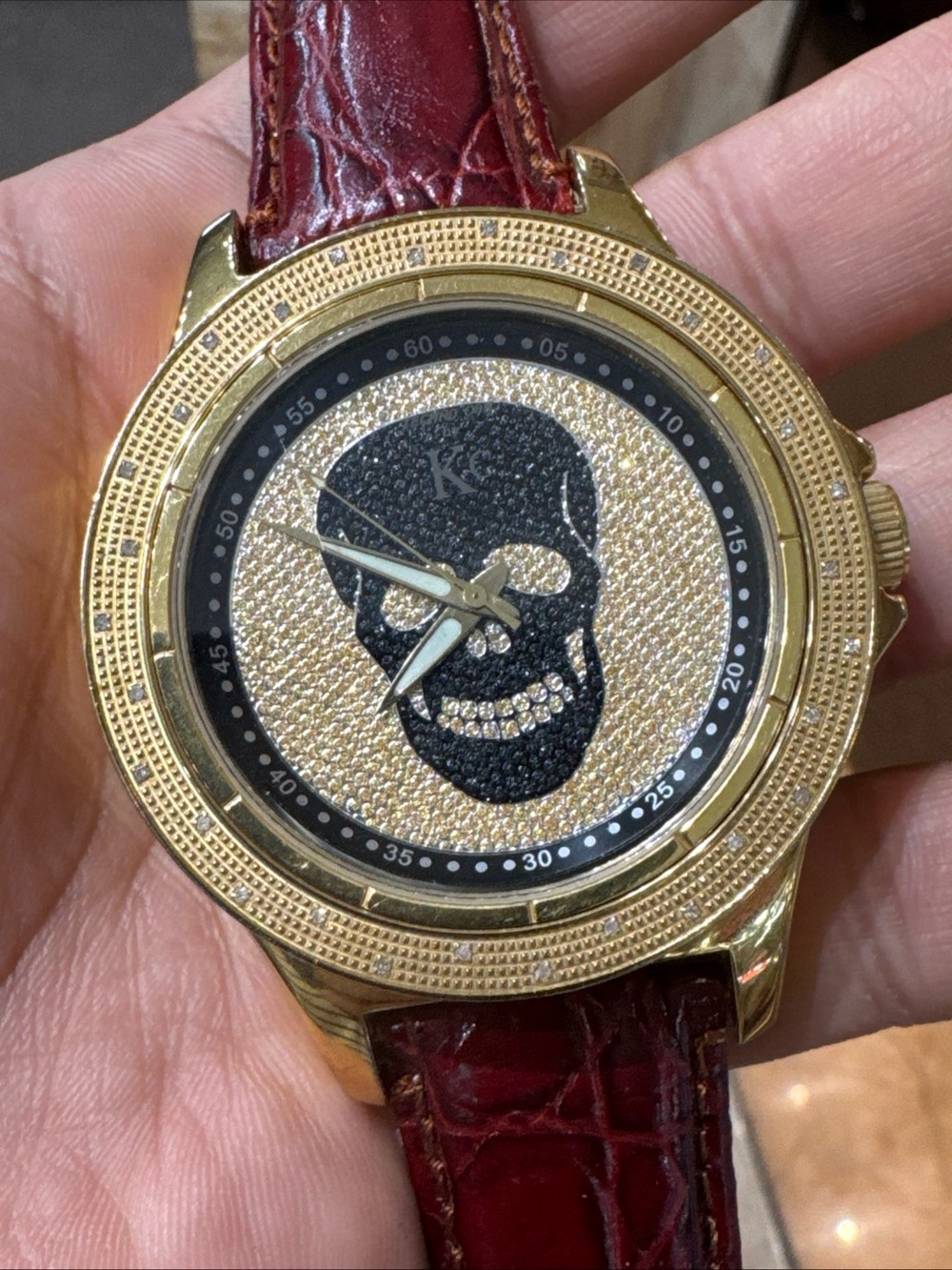 Techno Com by KC Diamond Skull Dial Watch Gold Tone Working Leather Band